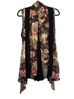 Black Floral Sleeveless Chiffon Overlay Tunic Vest